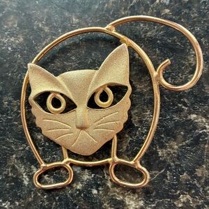 Gold Tone Brooch Fat Cat Grumpy Cat Vtg Wire Art Collectible Gift Unique 80s
